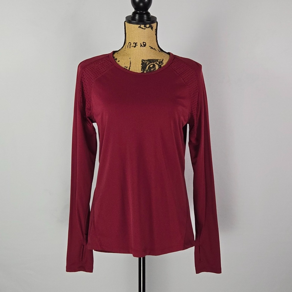 Avia Womens Long Sleeve Performance Top M Burgundy Laser Cut Thumbhole Shirt